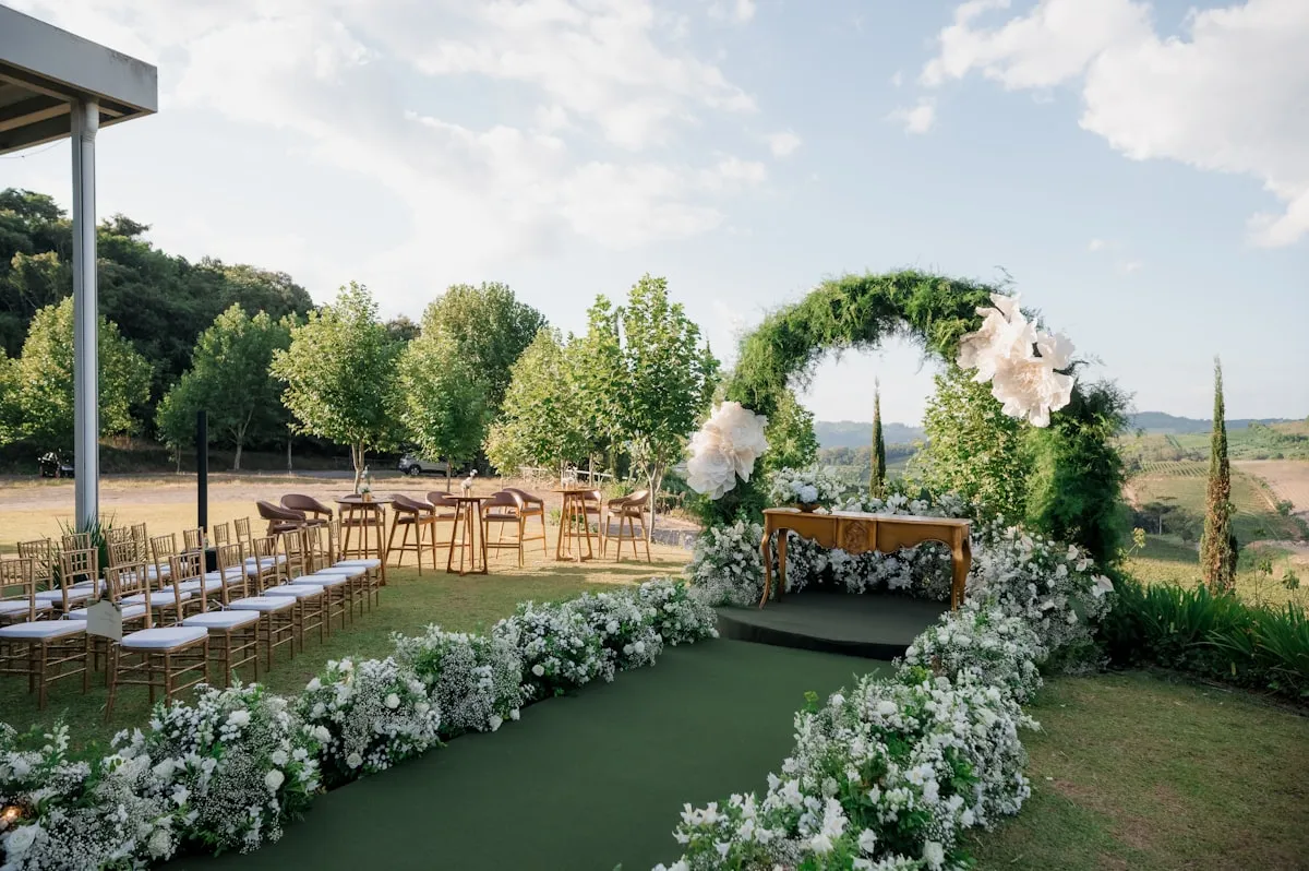 Wedding ceremony setup with floral decorations