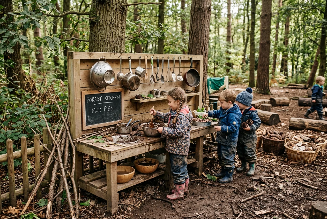 Children playing in a woodland mud kitchen