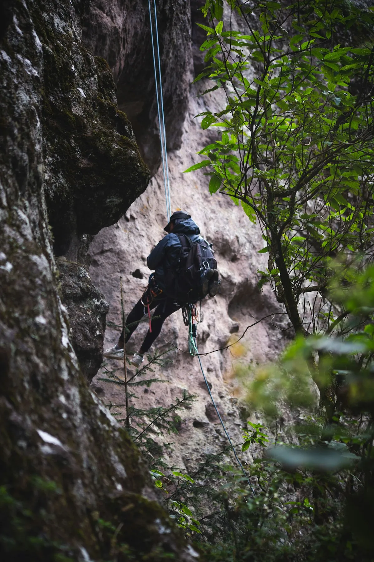 Person abseiling down cliff face