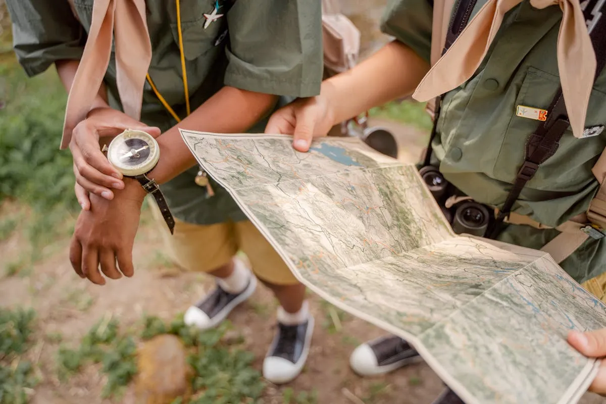 Orienteering control point with map and compass