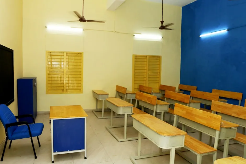 Well-organized classroom with safe furniture arrangement