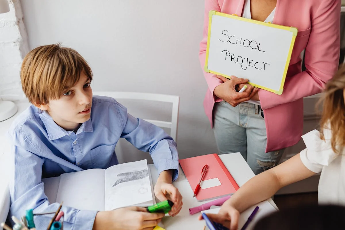 Teacher showing classroom to parents