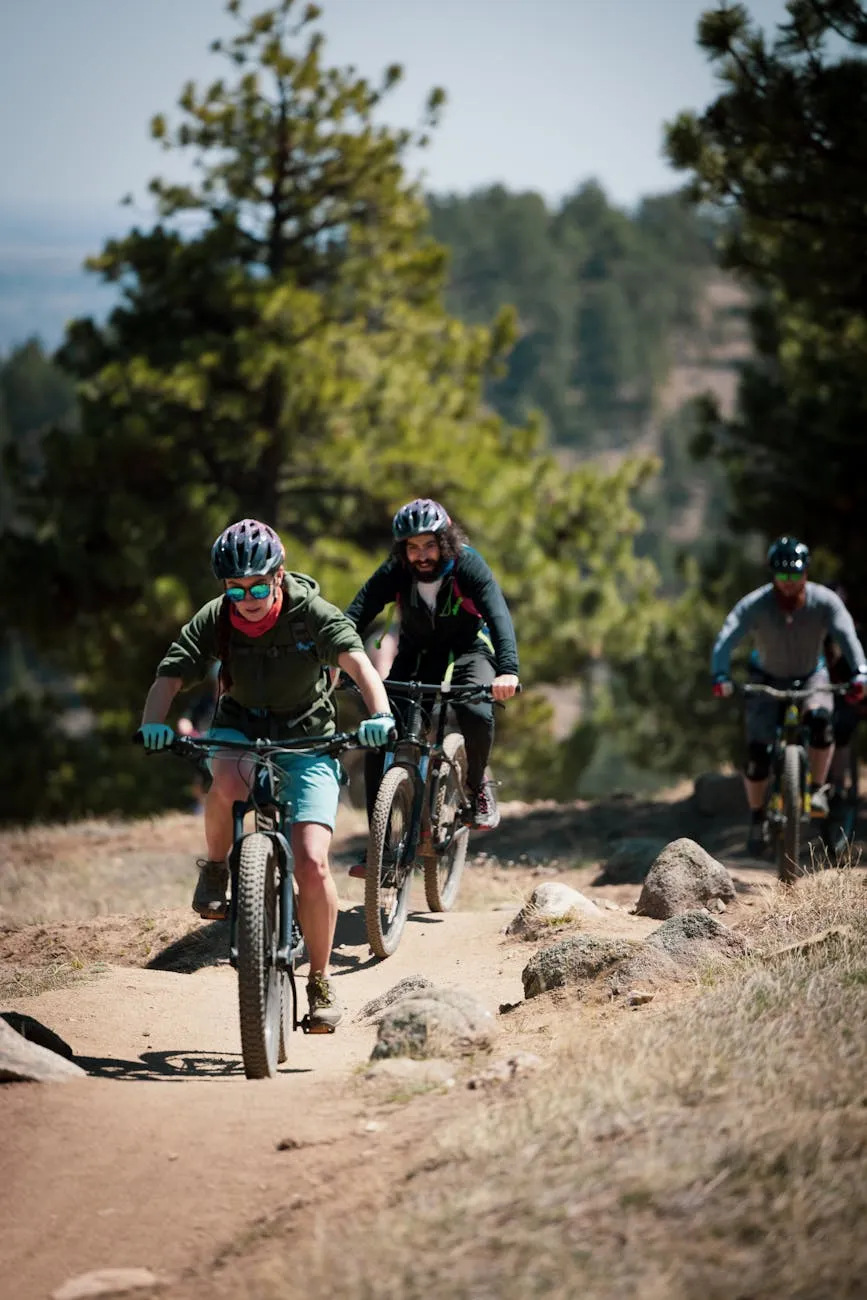 Group cycling on forest trail