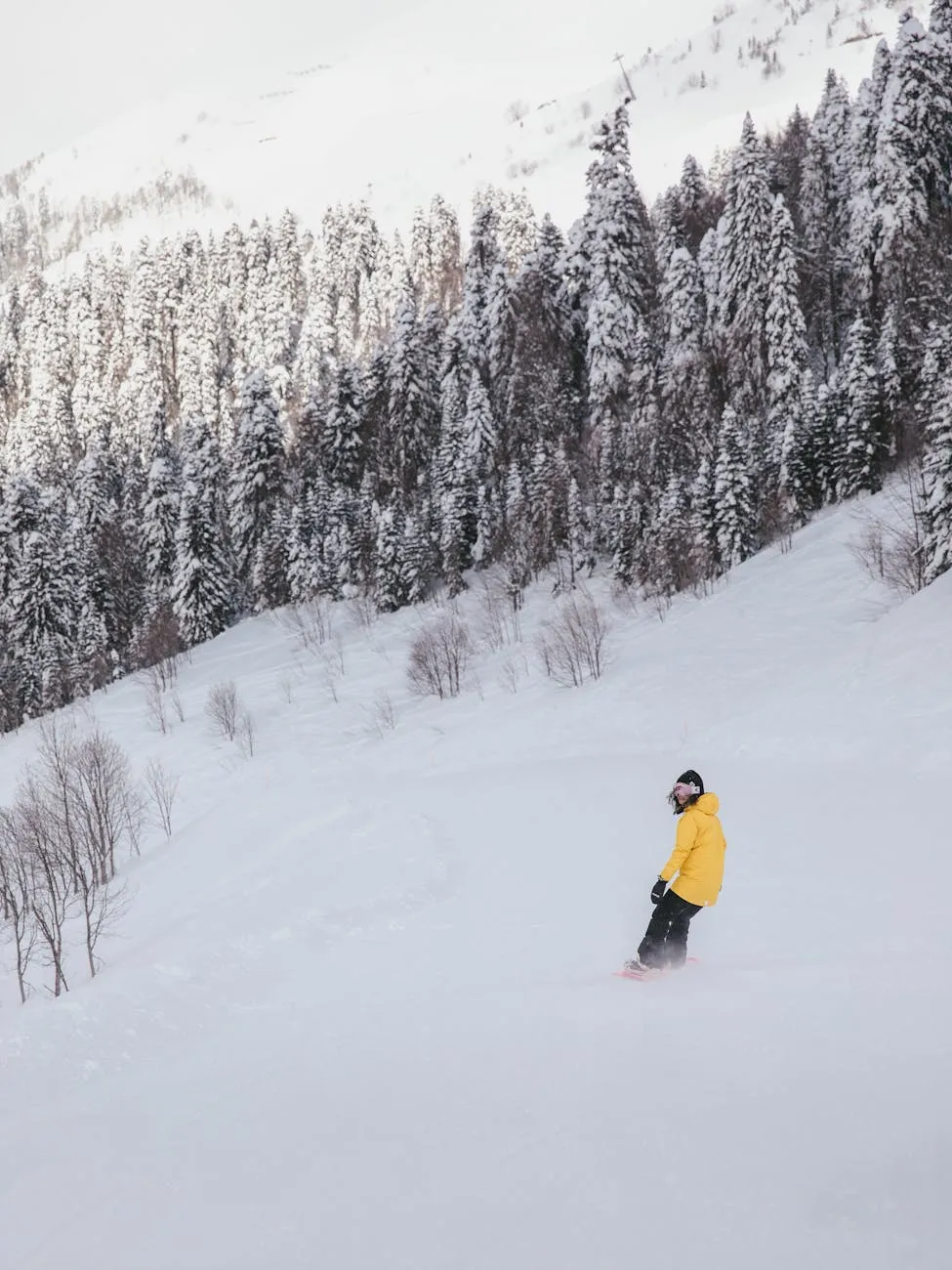 Snowboarder in winter gear on snowy slope