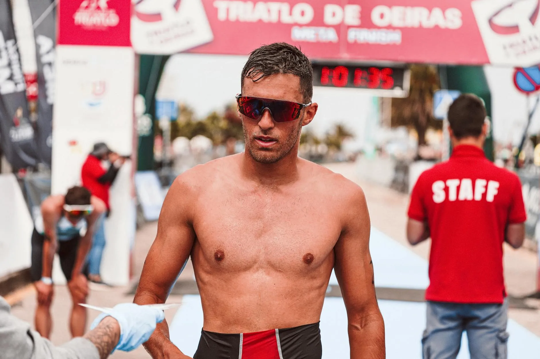 Triathlete finishing race