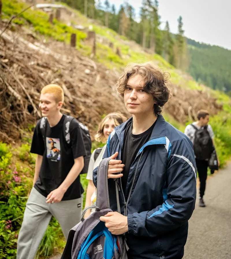 Young hikers on mountain trail