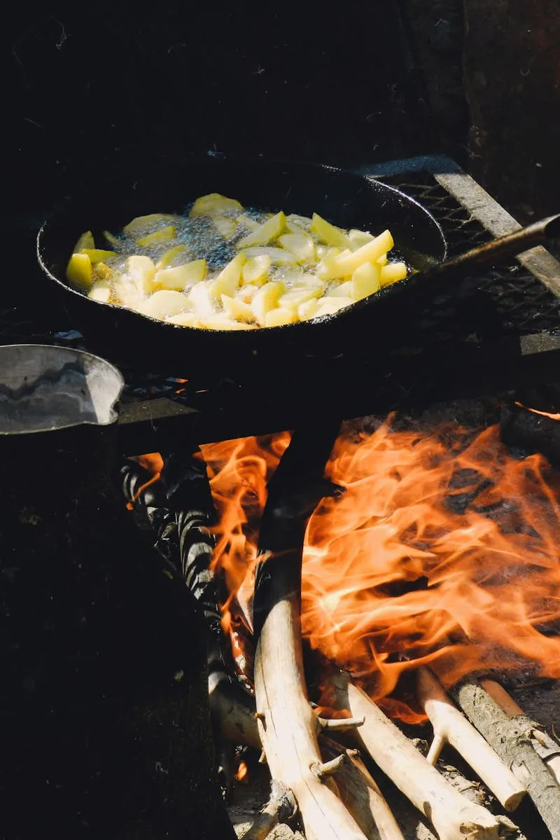 Food cooking over campfire