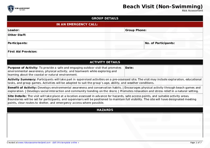 Beach Visit (Non-Swimming) Risk Assessment Template | Risk Assessment ...