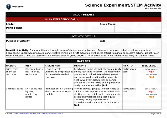 Science Method Risk Assessment Science Experiment/STEM Activity Risk Assessment Template | Risk ...