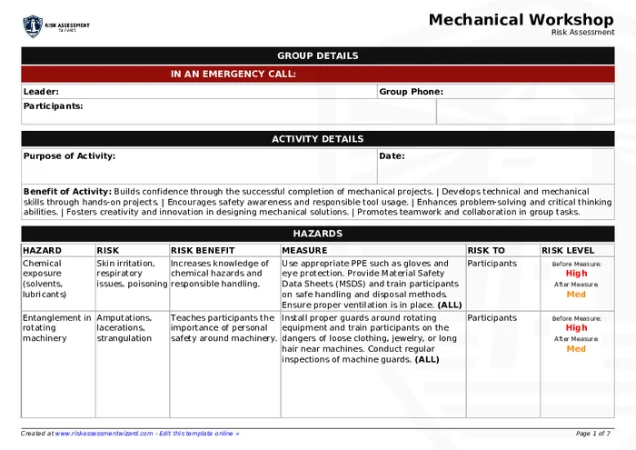 Mechanical Workshop Risk Assessment Template | Risk Assessment Wizard