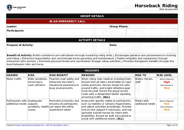 Horse Riding Risk Assessment Example Horseback Riding Risk Assessment Template | Risk Assessment Wizard