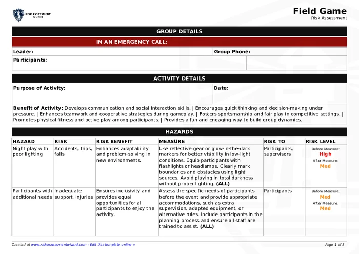 Feild Risk Mapping Field Game Risk Assessment | Risk Assessment Wizard