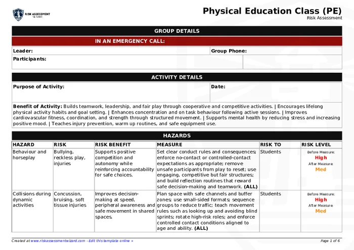 Objective Risk Example Pe Physical Education Class (PE) Risk Assessment | Risk Assessment Wizard