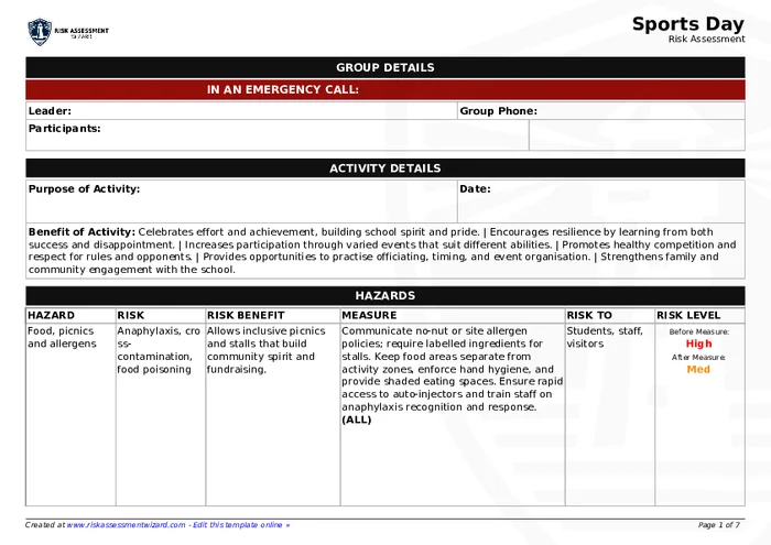 Sporting Risk Matrix Template Sports Day Risk Assessment Template | Risk Assessment Wizard
