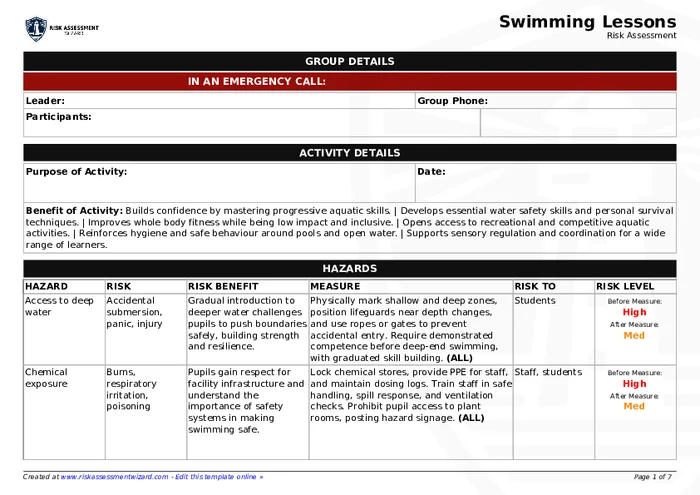 Swimming Lessons Risk Assessment | Risk Assessment Wizard
