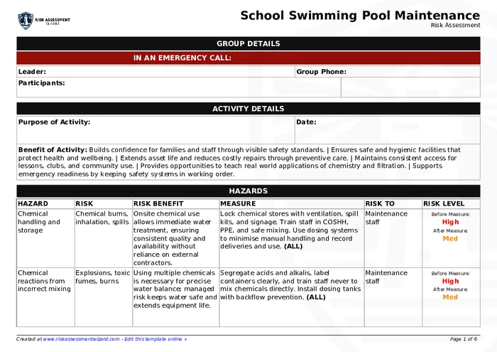 Pool Inflatable Risk Assessment School Swimming Pool Maintenance Risk Assessment Template | Risk ...