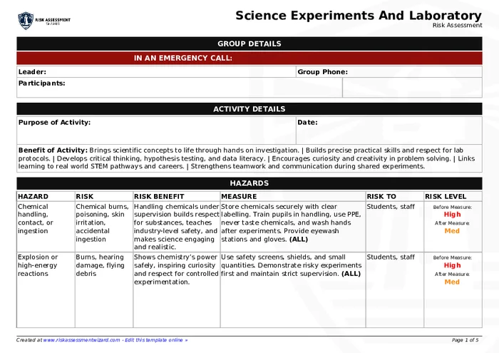 Science Experiments and Laboratory Risk Assessment Template | Risk ...