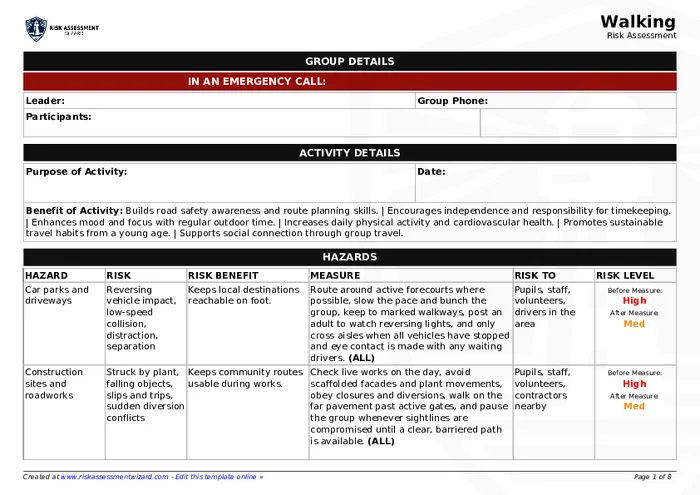 Walk Risk Assessment Walking Risk Assessment | Risk Assessment Wizard