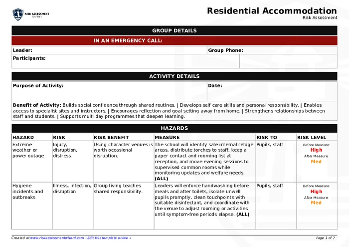 Room Risk Assessment Residential Accommodation Risk Assessment | Risk Assessment Wizard