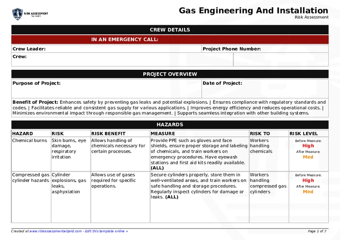 Preview of Gas Engineering and Installation Risk Assessment Form