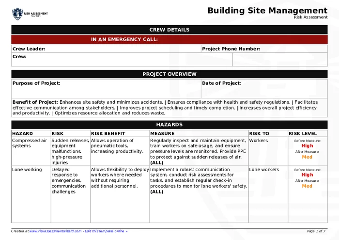 Site Manager Risk Assessment Examples Building Site Management Risk Assessment Template | Risk Assessment Wizard