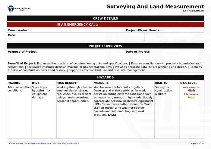 Preview of Surveying and Land Measurement Risk Assessment Form