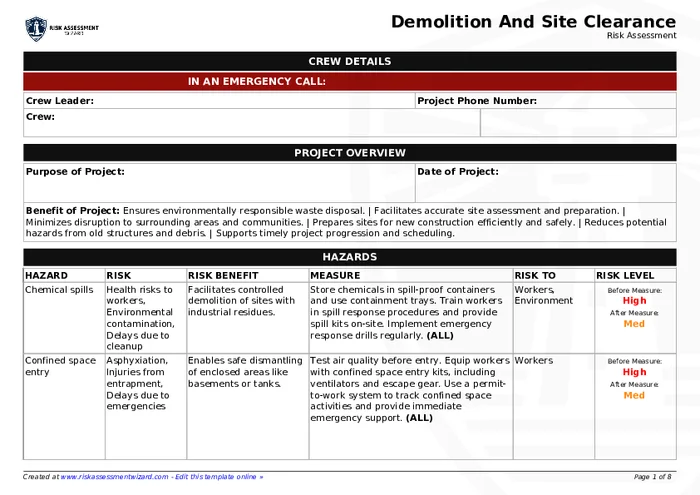 Preview of Demolition and Site Clearance Risk Assessment Form