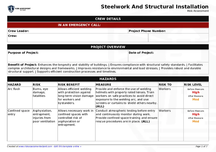 Preview of Steelwork and Structural Installation Risk Assessment Form