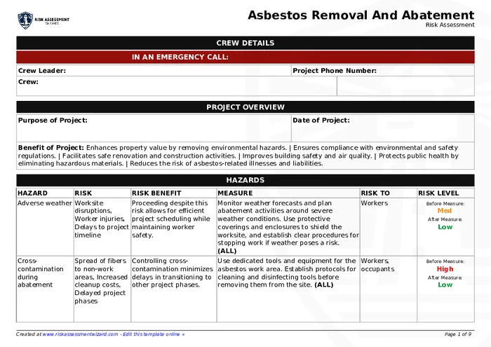 Preview of Asbestos Removal and Abatement Risk Assessment Form