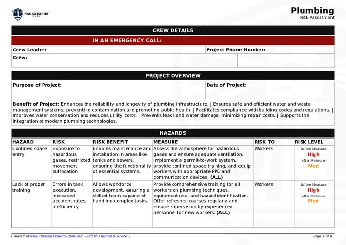 Preview of Plumbing Risk Assessment Form
