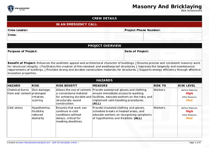Preview of Masonry and Bricklaying Risk Assessment Form
