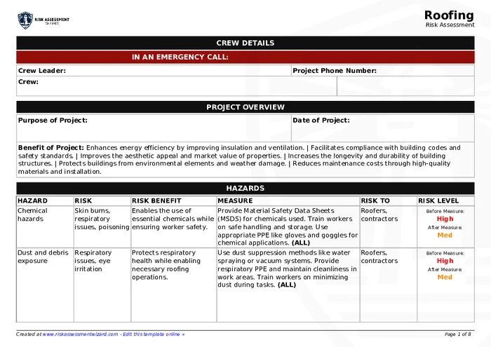 Preview of Roofing Risk Assessment Form