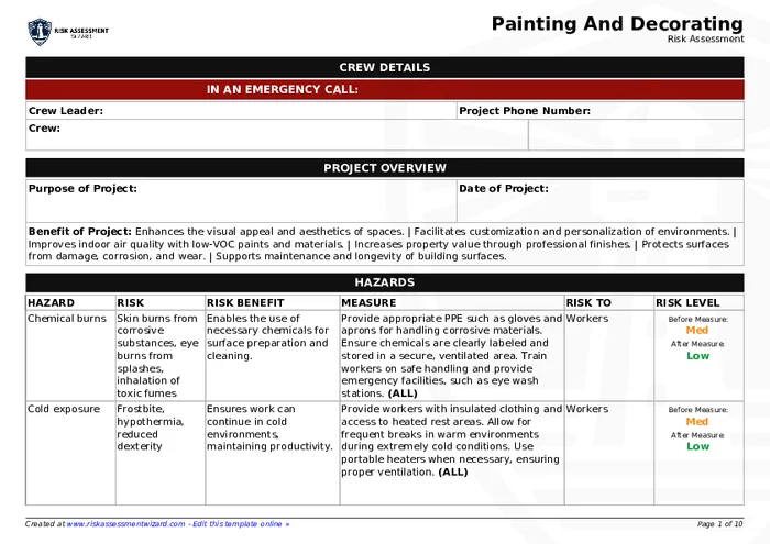 Decorating Risk Assessment Sample Painting and Decorating Risk Assessment | Risk Assessment Wizard