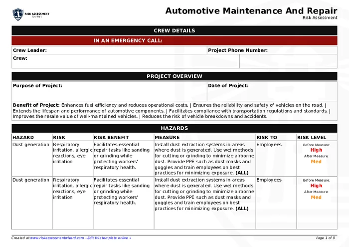 Preview of Automotive Maintenance and Repair Risk Assessment Form