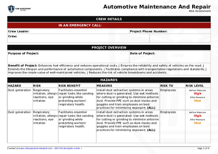 Engine Alignment Risk Assessment Automotive Maintenance and Repair Risk Assessment | Risk Assessment Wizard
