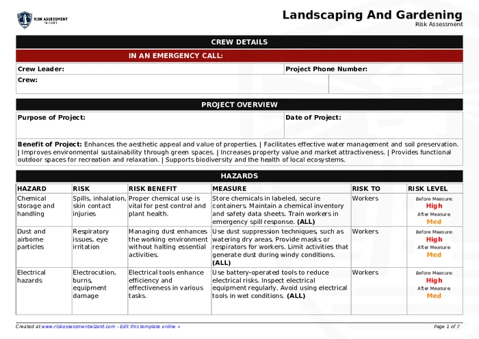 Preview of Landscaping and Gardening Risk Assessment Form
