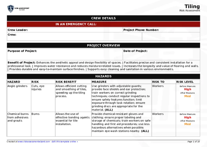 Tileo Risk Assessment Example Example Tiling Risk Assessment | Risk Assessment Wizard
