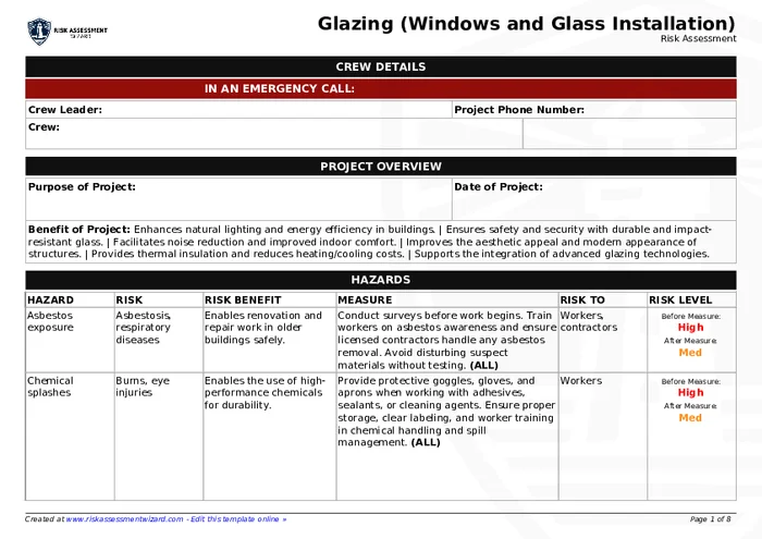 Glazing (Windows and Glass Installation) Risk Assessment | Risk ...