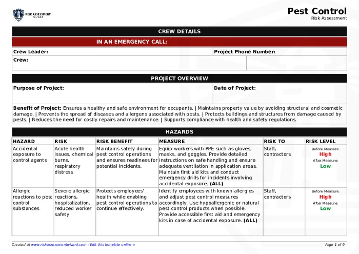 Preview of Pest Control Risk Assessment Form
