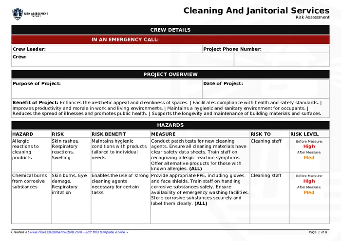 Preview of Cleaning and Janitorial Services Risk Assessment Form