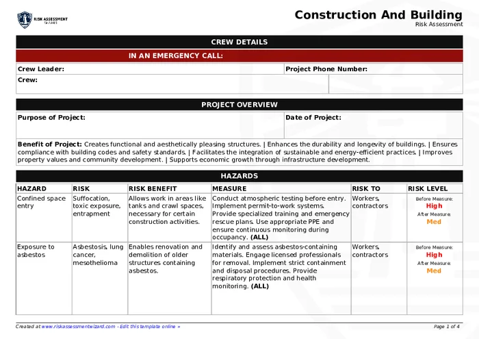 Preview of Construction and Building Risk Assessment Form