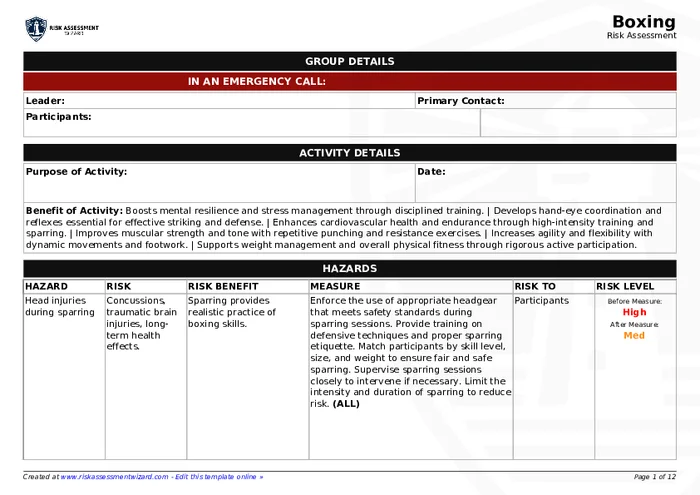 Boxing Risk Assessment | Risk Assessment Wizard