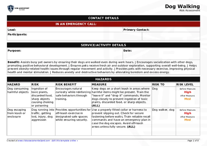 Walk Risk Assessment Dog Walking Risk Assessment Template | Risk Assessment Wizard