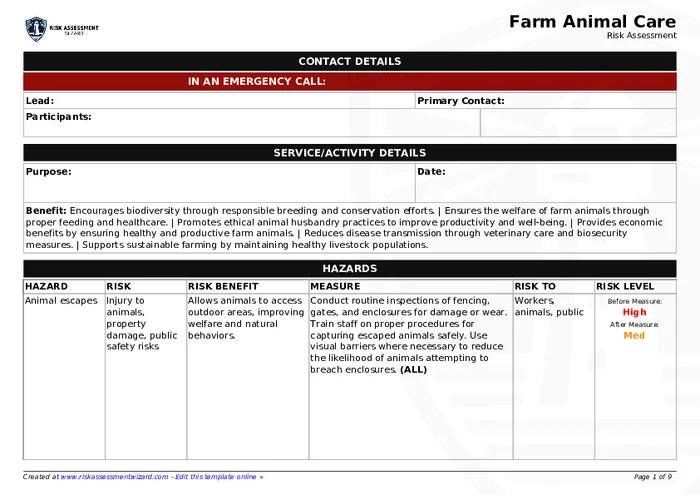Cattle Risk Assessment Example Farm Animal Care Risk Assessment Template | Risk Assessment Wizard
