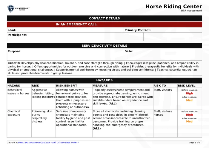 Horse Riding Risk Assessment Example Horse Riding Center Risk Assessment Template | Risk Assessment Wizard