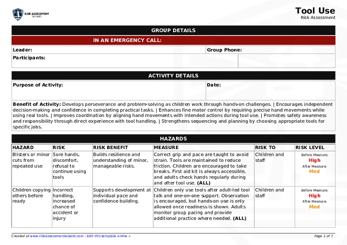 Tool Use Risk Assessment Template | Risk Assessment Wizard