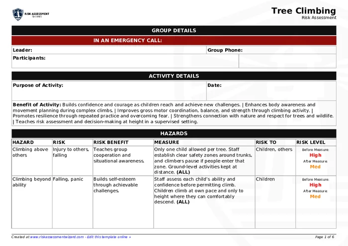 Tree Climbing Risk Assessment | Risk Assessment Wizard