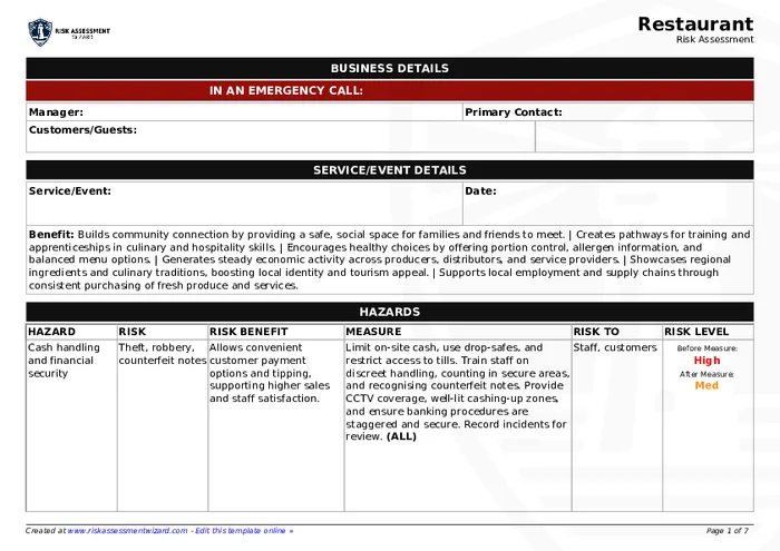 Restaurant Risk Assessment Template | Risk Assessment Wizard