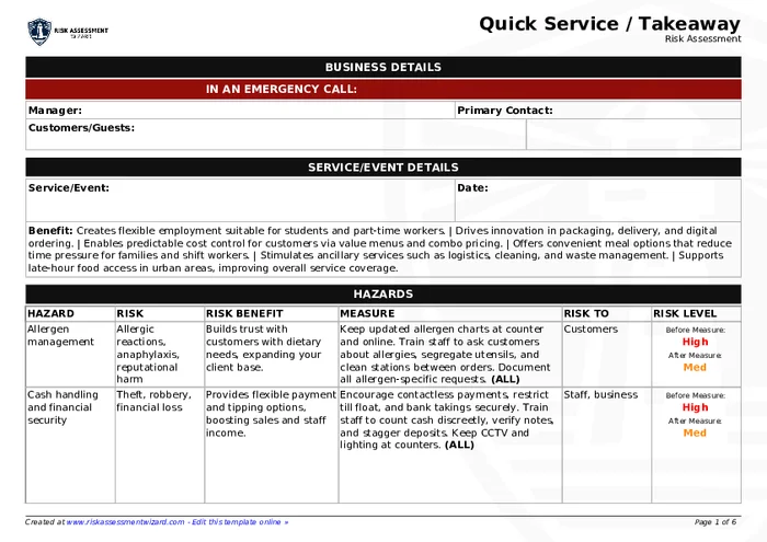 Indoor Service Risk Assessment Example Quick Service / Takeaway Risk Assessment Template | Risk Assessment Wizard