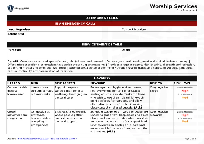 Church Risk Matrix Worship services Risk Assessment Template | Risk Assessment Wizard